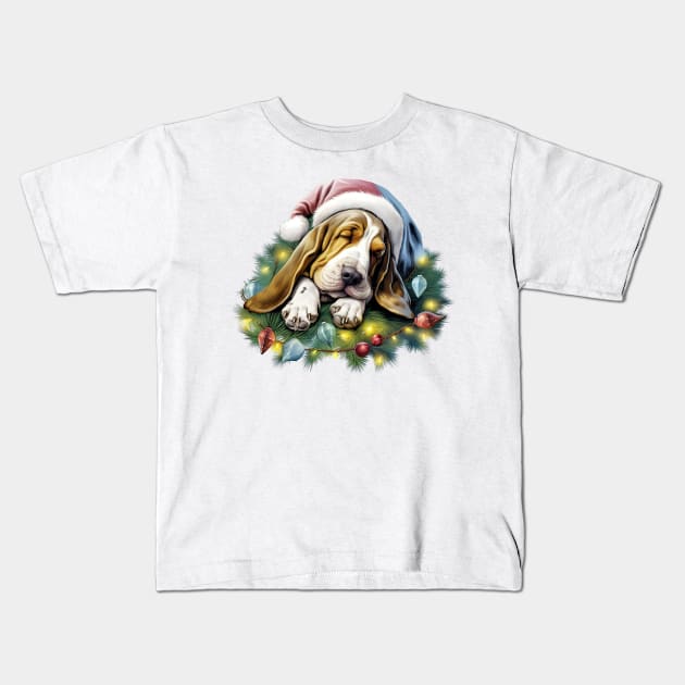 Lazy Basset Hound Dog at Christmas Kids T-Shirt by Chromatic Fusion Studio